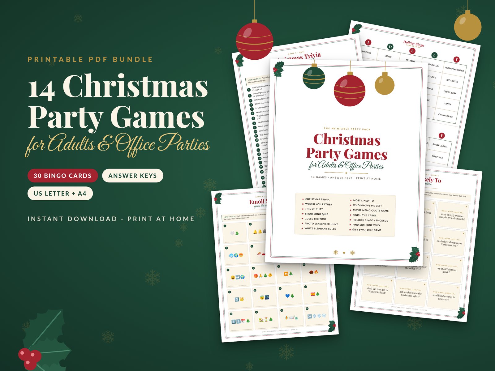 Christmas Party Games printable bundle: trivia, bingo, Most Likely To and Emoji Song Quiz pages