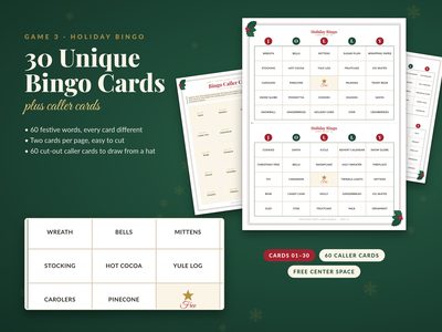 30 unique bingo cards plus 60 caller cards
