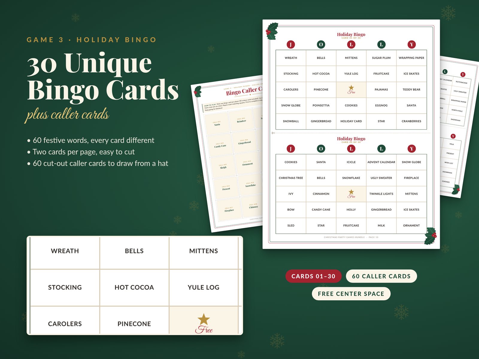 Holiday bingo: 30 unique cards plus 60 caller cards