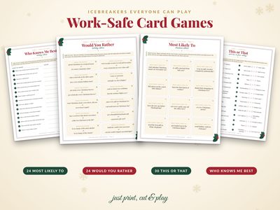 Work-safe card games: Most Likely To, Would You Rather, This or That, Who Knows Me Best
