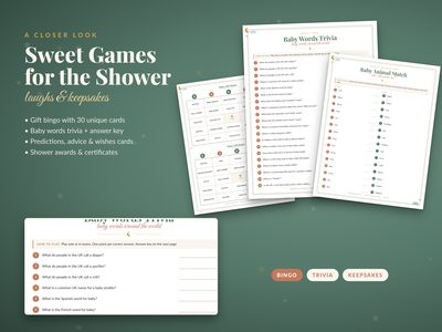 Sample pages: gift bingo, baby words trivia and baby animal match