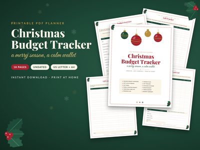 Christmas Budget Tracker printable: cover with gift tracker, budget overview, card list and gift list pages