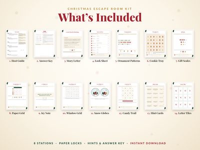 What's included: host guide, answer key, story letter, lock sheet, 8 puzzle stations, hint cards, letter tiles and certificates
