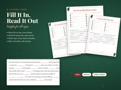Sample pages: a fill-in-the-blank story with its word list