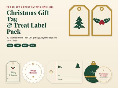 Christmas Gift Tag and Treat Label Cut File Pack: layered tree and holly tags, Print Then Cut tags and a treat label