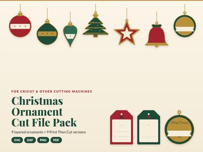 Christmas Ornament Cut File Pack: layered baubles, tree, star, bell and gift-tag ornaments