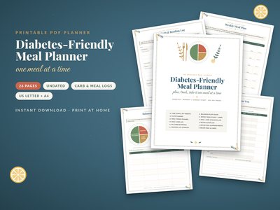 Diabetes-Friendly Meal Planner: cover with plate planner, weekly meal plan and meal, carb and reading log pages