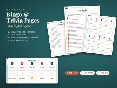 Sample pages: trivia, answer key and bingo cards
