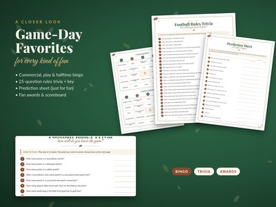 Sample pages: commercial bingo, football trivia and the snack bracket