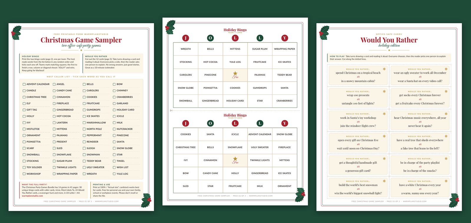 The three pages of the free Christmas Game Sampler: host caller list, two holiday bingo cards and 12 Would You Rather cards