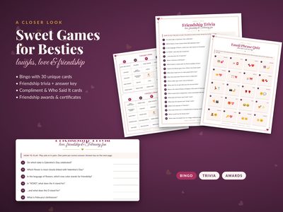 Sample pages: bingo, friendship trivia and compliment cards