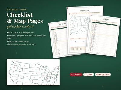 Sample pages: the 50 states + D.C. checklist and the color-in U.S. map