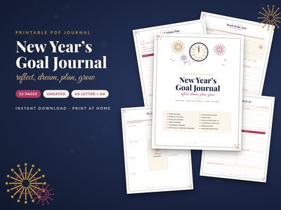 New Year’s Goal Journal printable: cover with word of the year, goal action plan, monthly check-in and vision pages