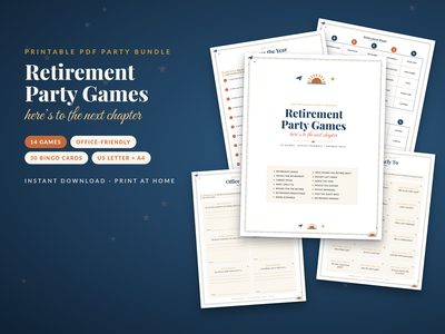 Retirement Party Games Bundle: cover with bingo, trivia and keepsake card pages