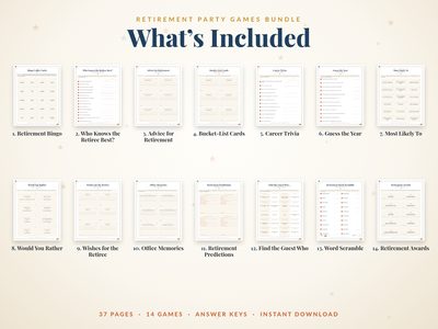 What's included: 14 retirement party games with 30 bingo cards and answer keys