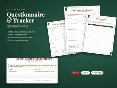 Sample pages: the Secret Santa questionnaire and organizer tracker