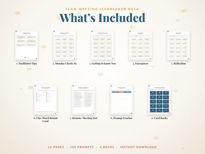 What's included: facilitator tips, 4 decks, one-word round card, remote list, tracker and card backs