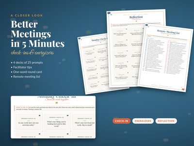 Sample pages: Monday Check-In cards, Reflection cards and the remote-meeting list