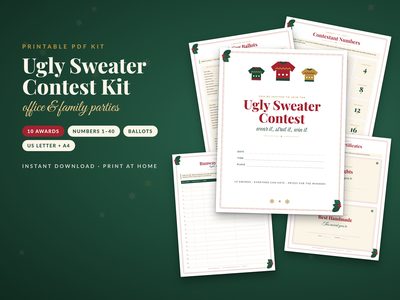 Ugly Sweater Contest Kit: cover with ballots, contestant numbers and award certificate pages